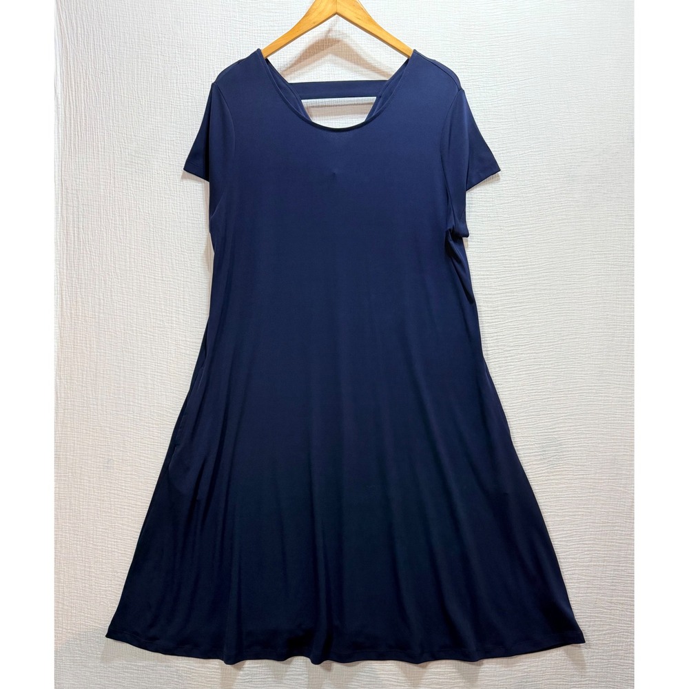 Susan Graver Liquid Knit Dress Womens Large Navy Blue Back Strap Pockets Modest